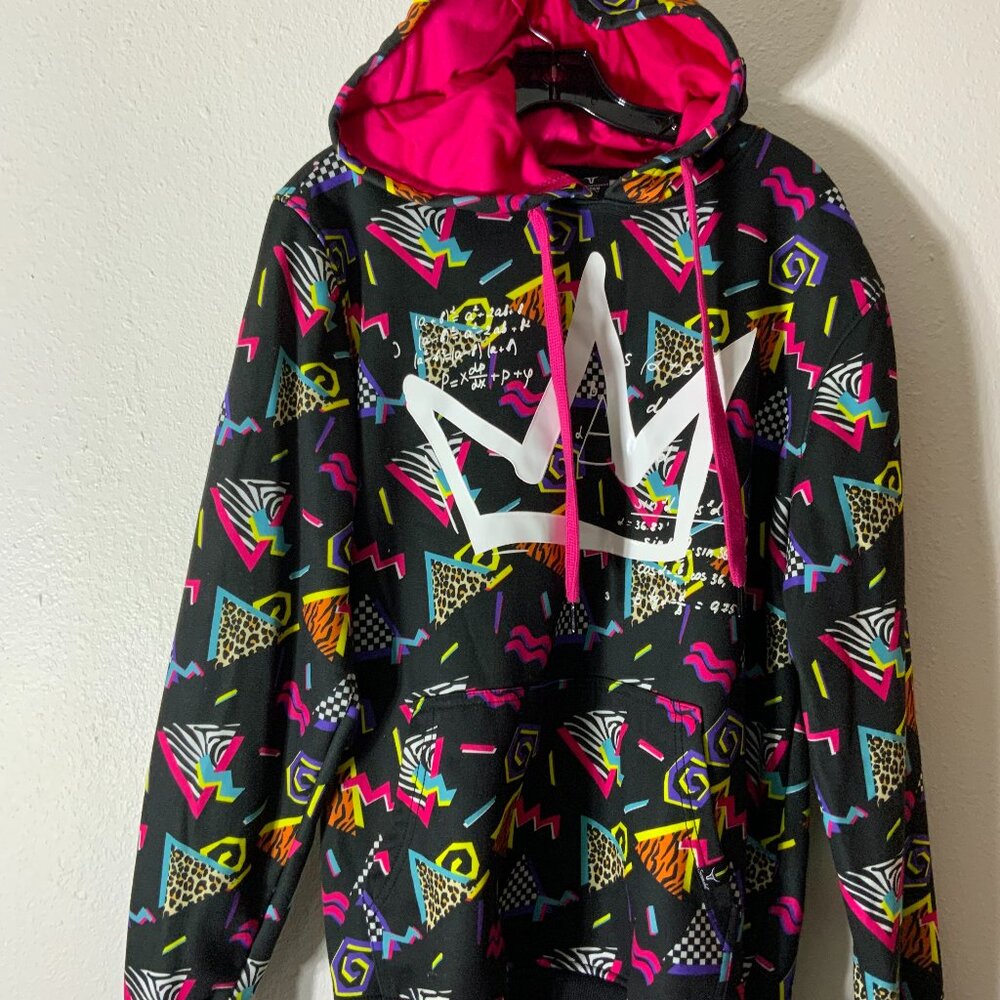 Screenshot, Sz M, Men Hoodie sweatshirt, Black w/multicolored fleece.